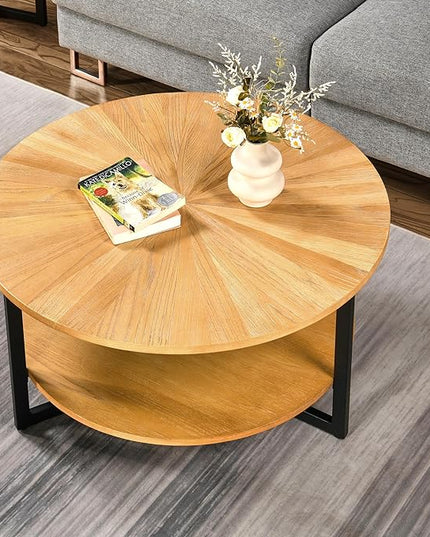 Round Coffee Tables for Living Room, 2 Tier Solid Wood Coffee Table with Storage, Modern Circle Coffee Table with Black Metal Legs, 33.5 x 17.8 inch, Natural Wood Color, KFZ-1338-OA - LeafyLoom