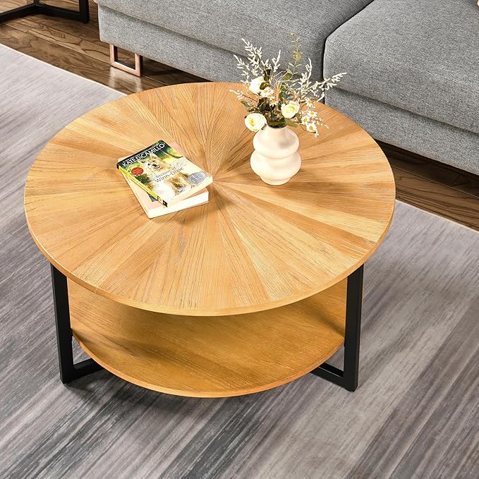Round Coffee Tables for Living Room, 2 Tier Solid Wood Coffee Table with Storage, Modern Circle Coffee Table with Black Metal Legs, 33.5 x 17.8 inch, Natural Wood Color, KFZ-1338-OA - LeafyLoom