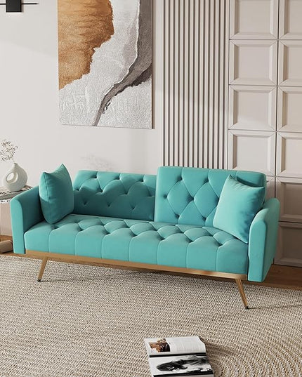 Velvet Upholstered Modern Convertible Futon Couch Bed, Adjustable Folding Sofa Bed Recliner Lounge Loveseat Daybed Sofacama with Adjustable Backrest and Golden Legs for Small RV Living Room Office - LeafyLoom