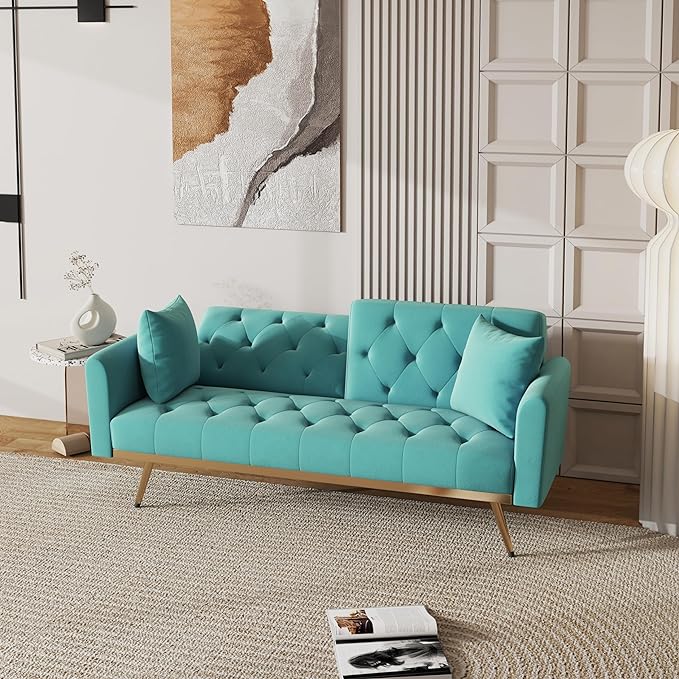 Velvet Upholstered Modern Convertible Futon Couch Bed, Adjustable Folding Sofa Bed Recliner Lounge Loveseat Daybed Sofacama with Adjustable Backrest and Golden Legs for Small RV Living Room Office - LeafyLoom