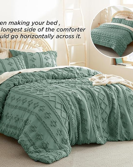 Bedsure Tufted Boho Comforter Set King - Green Boho Bedding Comforter Set, 3 Pieces Farmhouse Shabby Chic Embroidery Bed Set, Soft Jacquard Comforter for All Seasons - LeafyLoom