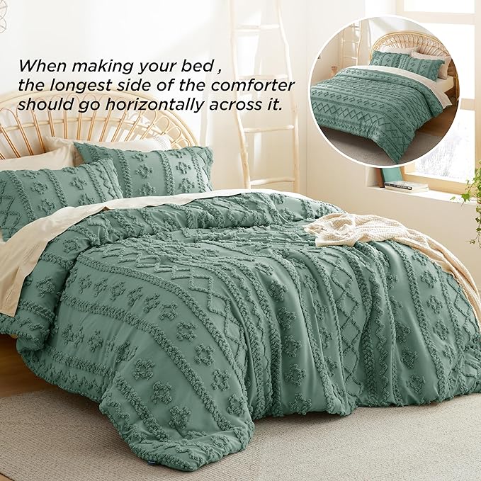 Bedsure Tufted Boho Comforter Set King - Green Boho Bedding Comforter Set, 3 Pieces Farmhouse Shabby Chic Embroidery Bed Set, Soft Jacquard Comforter for All Seasons - LeafyLoom