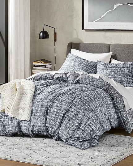 Hyde Lane Mens Full/Queen Comforter Set, Grey Modern Farmhouse Aesthetic Soft masculine Bedding, Plaid Lines Pattern Bed Sets for All Season, 3 Pieces includes 1 Comforter, 2 Shams (90"x 90") - LeafyLoom