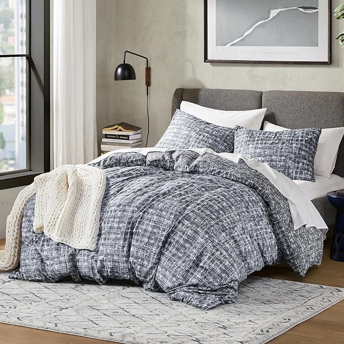 Hyde Lane Mens Full/Queen Comforter Set, Grey Modern Farmhouse Aesthetic Soft masculine Bedding, Plaid Lines Pattern Bed Sets for All Season, 3 Pieces includes 1 Comforter, 2 Shams (90"x 90") - LeafyLoom