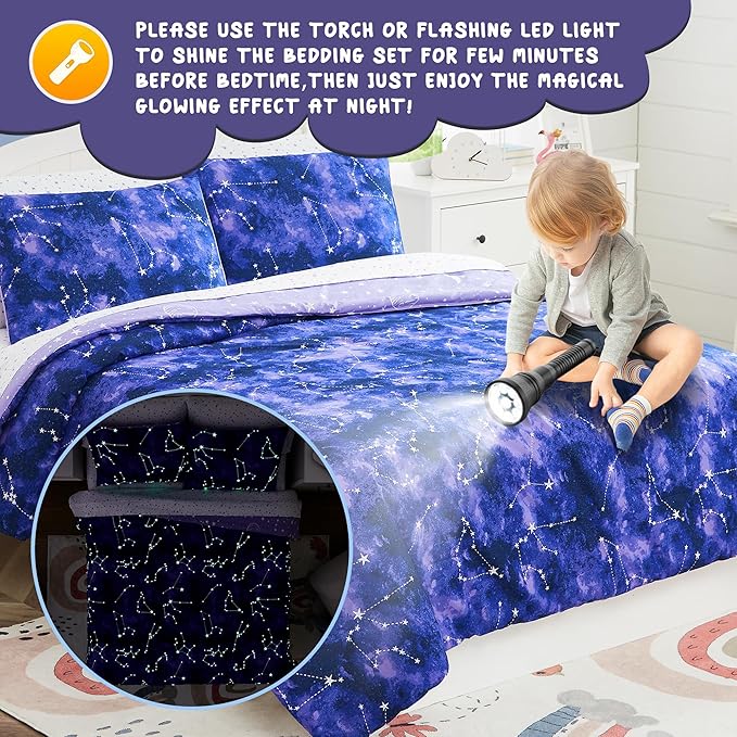 KALEIDOSPACE Full Size Comforter Sets - Bedding Sets Full 7 Pieces, Glow in The Dark Bed in A Bag Full, Lightweight Galaxy Bedding Sets for Kids, Teens, Women & Men - LeafyLoom
