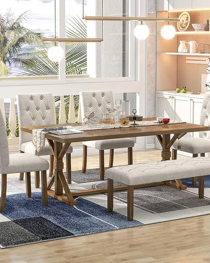 6-Piece Farmhouse Dining Set-Mid-Century Wood Rectangular Table with 4 Flannelette Upholstered Chairs and Bench, Suitable for Living Rooms, Home Bar, and Kitchen in Walnut, Onesize - LeafyLoom