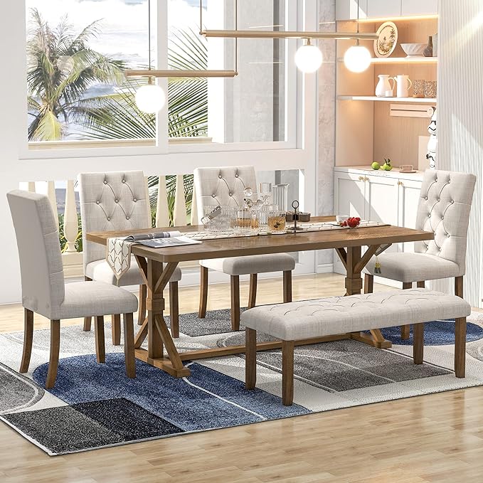 6-Piece Farmhouse Dining Set-Mid-Century Wood Rectangular Table with 4 Flannelette Upholstered Chairs and Bench, Suitable for Living Rooms, Home Bar, and Kitchen in Walnut, Onesize - LeafyLoom