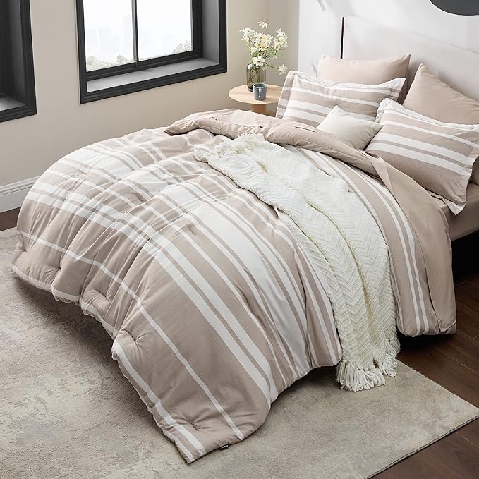 Bedsure Bed in a Bag Full Size 7 Pieces, Light Camel White Striped Bedding Comforter Sets All Season Bed Set, 2 Pillow Shams, Flat Sheet, Fitted Sheet and 2 Pillowcases - LeafyLoom