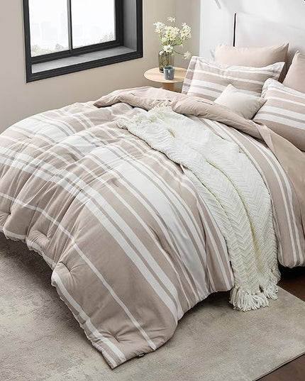 Bedsure Bed in a Bag California King Size 7 Pieces, Light Camel White Striped Bedding Comforter Sets All Season Bed Set, 2 Pillow Shams, Flat Sheet, Fitted Sheet and 2 Pillowcases - LeafyLoom