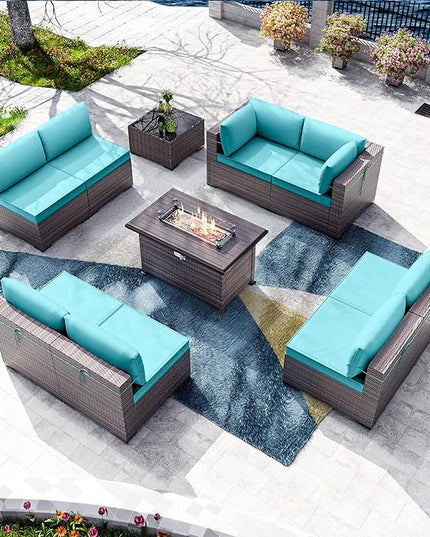 Kullavik 10 Pieces Outdoor Patio Furniture Set with 43" Gas Propane Fire Pit Table PE Wicker Rattan Sectional Sofa Patio Conversation Sets,Blue - LeafyLoom
