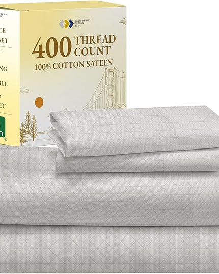 California Design Den Extra Long Twin Sheets, 400 Thread Count, 100% Cotton Sateen 3 Pc Deep Pocket Twin XL Sheets & Pillowcase Set (Taupish-Sage Crosshatch) - LeafyLoom