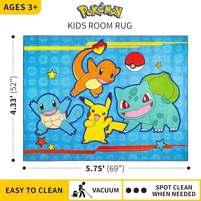 Franco Kids Room Non Slip Area Rug, 69 in x 52 in, Pokemon - LeafyLoom