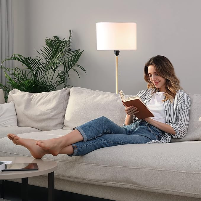 O’Bright Ted - Drum Shade Standing Lamp, Pull Chain Switch, E26 Socket, Modern Minimalist Design, Simple Floor Lamp for Living Room, Bedroom, Office, Antique Brass - LeafyLoom