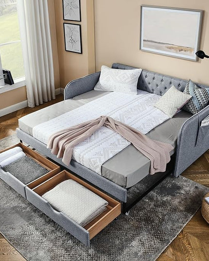 Twin Size Upholstery Daybed with Trundle Bed and 2 Storage Drawers, Flat Arms w/Pocket, Linen Extendable Bedframe for Bedroom Living Room, No Box Spring Needed & Space-Saving Design, Grey - LeafyLoom