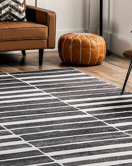 nuLOOM Henry Contemporary Striped Machine Washable Ultra Thin Area Rug, 8x10, Charcoal - LeafyLoom