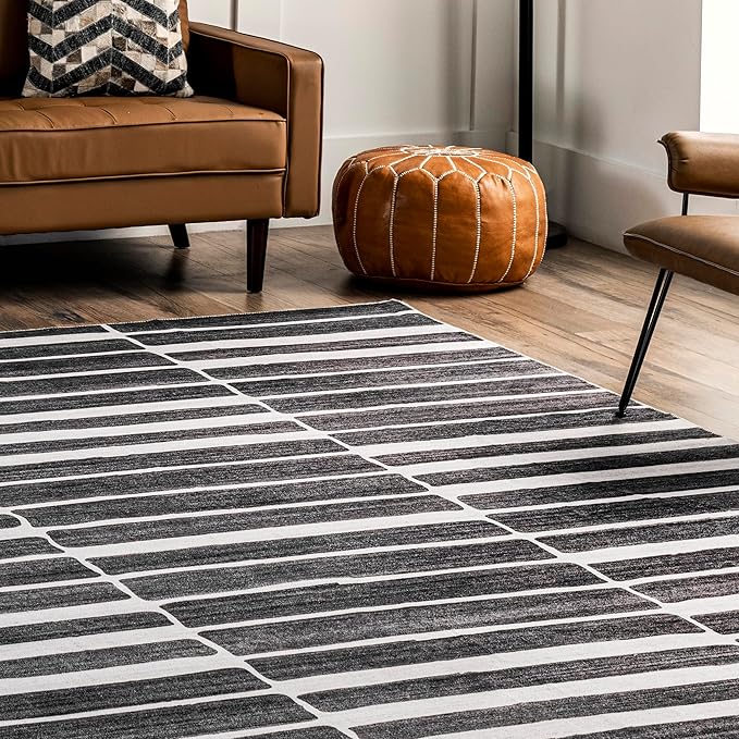 nuLOOM Henry Contemporary Striped Machine Washable Ultra Thin Area Rug, 5' x 8', Charcoal - LeafyLoom