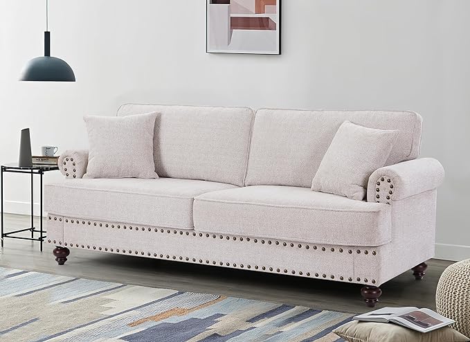 Upholstered 3-Seater Sofa with Rolled Armrest,Modern Couch with Wood Turned Legs and Nailhead Trim Design,for Living, 82" W, White - LeafyLoom