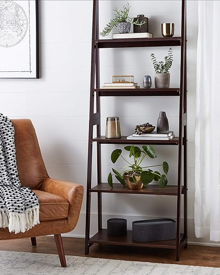 Amazon Basics Modern 5-Tier Ladder Bookshelf Organizer, Solid Rubberwood Frame, Espresso Finish, 14 D x 24.8 W x 70.1 H in - LeafyLoom