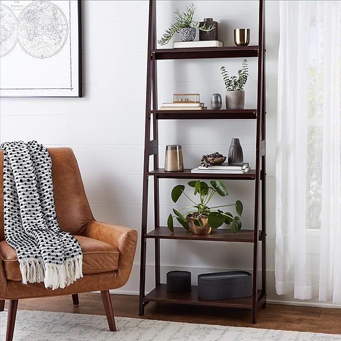 Amazon Basics Modern 5-Tier Ladder Bookshelf Organizer, Solid Rubberwood Frame, Espresso Finish, 14 D x 24.8 W x 70.1 H in - LeafyLoom
