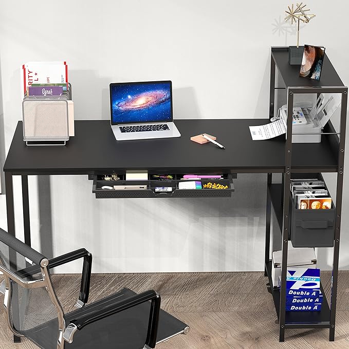 SHW 46-Inch Mission Desk with Side Shelf, 24" Deep, Black - LeafyLoom