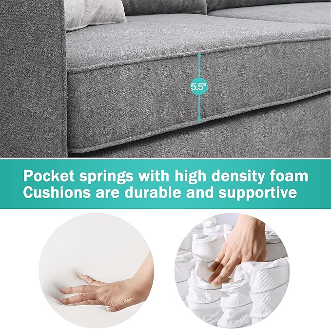 91" Modern Upholstered Living Room Sectional Sofa,with 3 Pillows,L Shape Wood Frame Furniture Couch,w/Track Armrests,Cushions and Legs,for Dorm, Apartment,Studio,Office,Grey - LeafyLoom