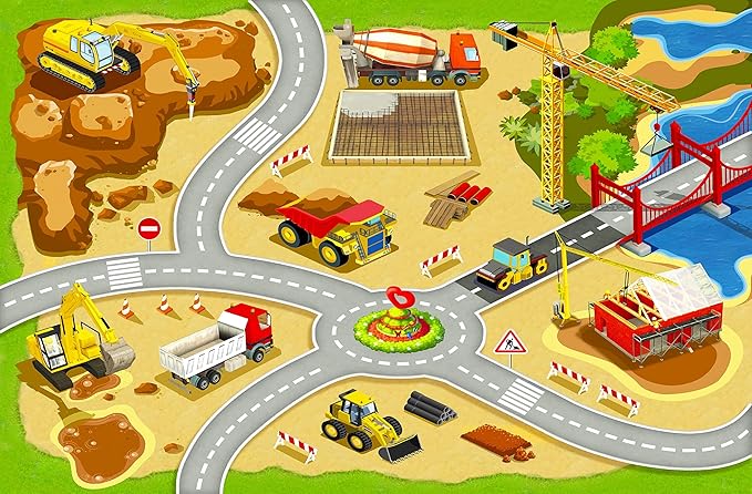 Booooom Jackson Kids Construction Site Play Rug Non-Slip Construction Vehicles Play Mat for Driving Toy Cars Daycare Nursery Preschool Playroom Kids Car Activity Carpet - LeafyLoom