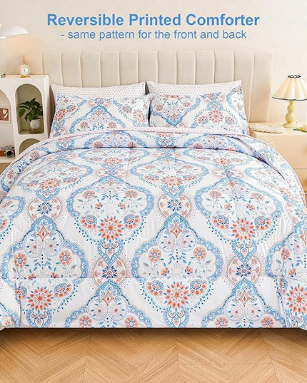 Printed Queen Bedding Sets with Comforter and Sheets, Lightweight Boho Floral 7 Piece Bed in A Bag Comforter Set for Women, Pink and Blue Mandala Flower Pattern - LeafyLoom
