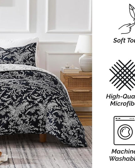 Southshore Fine Living, Inc. Oversized King Comforter Set, Down Alternative Floral Comforter with Matching Shams, Reversible Print is 2 Colors in 1, Fits King/Cal King, Winter Brush Black/White - LeafyLoom