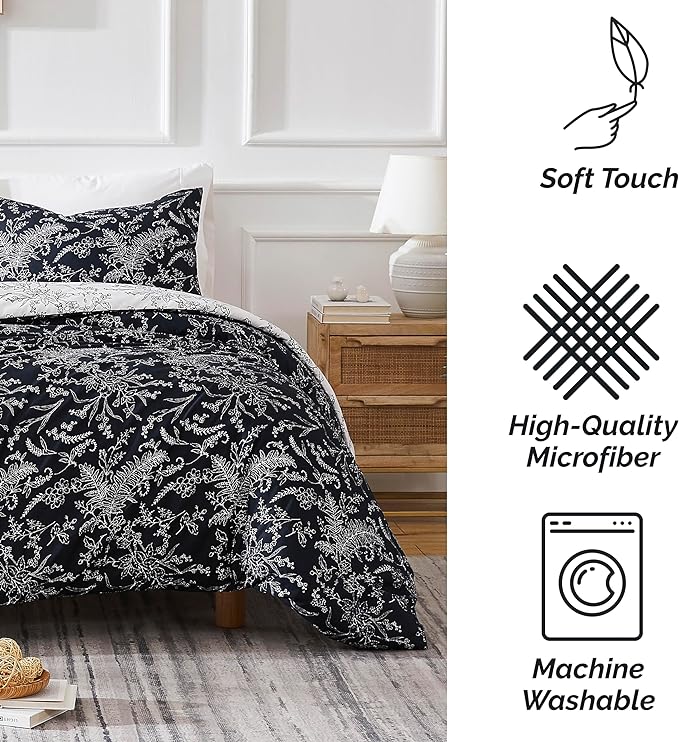 Southshore Fine Living, Inc. Oversized King Comforter Set, Down Alternative Floral Comforter with Matching Shams, Reversible Print is 2 Colors in 1, Fits King/Cal King, Winter Brush Black/White - LeafyLoom