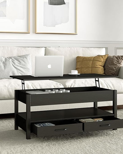 Panana Coffee Table, Lift Top Coffee Table with Hidden Compartment, 2 Drawers and 1 Open Shelf, Retro Central Wooden Table Lift Tabletop for Living Room (Black) - LeafyLoom