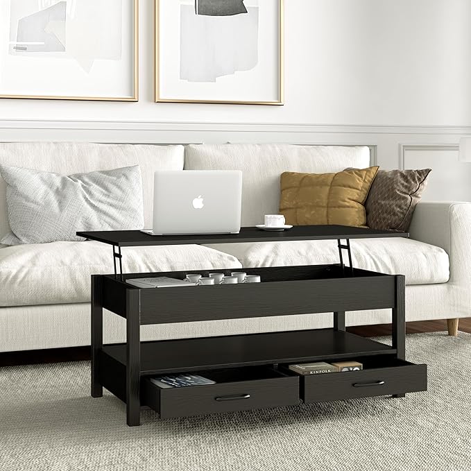Panana Coffee Table, Lift Top Coffee Table with Hidden Compartment, 2 Drawers and 1 Open Shelf, Retro Central Wooden Table Lift Tabletop for Living Room (Black) - LeafyLoom