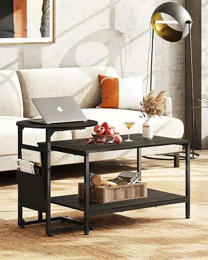WLIVE Coffee Table and End Table Set, 31.3" Center Table and 18.7" Small Round Coffee Table with Side Pouch, Wood Nesting Coffee Table for Living Room, Bedroom, Charcoal Black - LeafyLoom