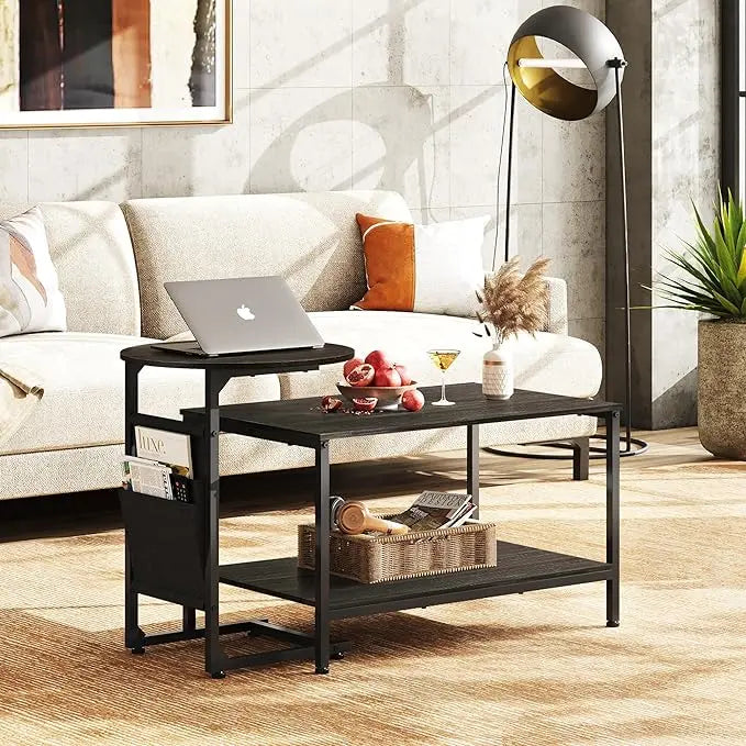 WLIVE Coffee Table and End Table Set, 31.3" Center Table and 18.7" Small Round Coffee Table with Side Pouch, Wood Nesting Coffee Table for Living Room, Bedroom, Charcoal Black - LeafyLoom