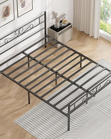 VECELO Queen Size Bed Frame with Headboard, 14 Inch Metal Platform Mattress Foundation, No Box Spring Needed, Squeak Resistant, Easy Assembly, Matte Black - LeafyLoom