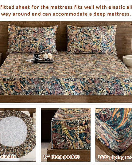 QSH Boho Sheets King Size - Bohemian Bedding Paisley Pattern Printed Bedsheets Sets King Size Bed Sheets 100% Egyptian Cotton 17.5" Extra Deep Pocket 4pcs - LeafyLoom