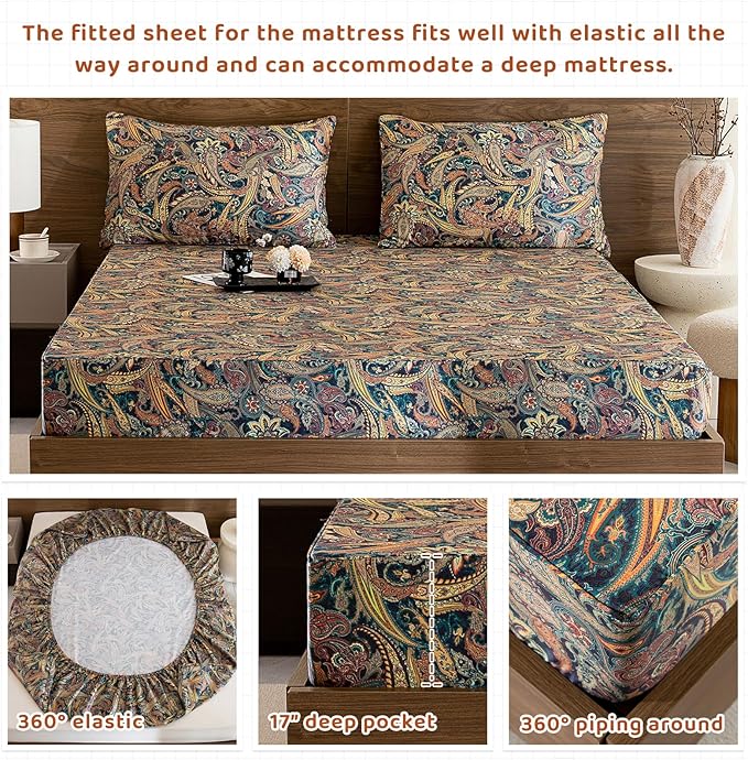 QSH Boho Sheets King Size - Bohemian Bedding Paisley Pattern Printed Bedsheets Sets King Size Bed Sheets 100% Egyptian Cotton 17.5" Extra Deep Pocket 4pcs - LeafyLoom