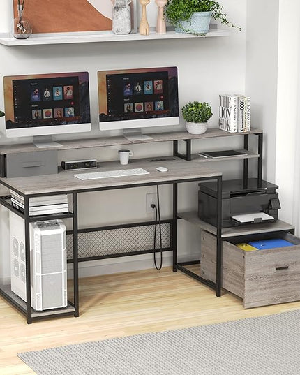 Home Office Desks with Drawers, 66'' Computer Desk with Storage, Office Desk with Monitor Stand, Work Desk with Outlets and USB, Gaming Table Desk with File Cabinet for Home Office Table, Grey - LeafyLoom