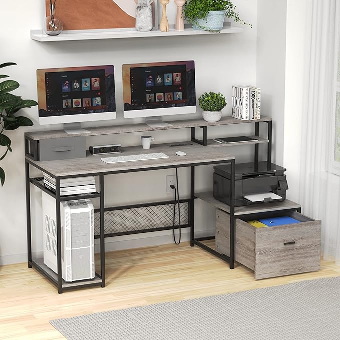 Home Office Desks with Drawers, 66'' Computer Desk with Storage, Office Desk with Monitor Stand, Work Desk with Outlets and USB, Gaming Table Desk with File Cabinet for Home Office Table, Grey - LeafyLoom
