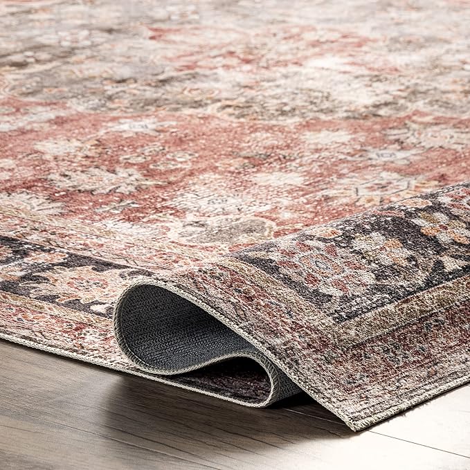 nuLOOM Emelina Traditional Persian Machine Washable Ultra Thin Area Rug, 8' x 10', Red - LeafyLoom