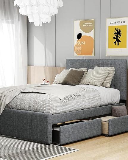 Bellemave Full Size Bed Frame with 2 Storage Drawers,Linen Upholstered Platform Bed Frame with Headboard for Kids,Adults,No Box Spring Needed,Gray - LeafyLoom