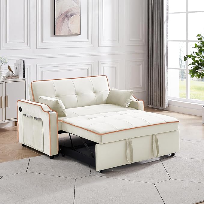 3-in-1 Velvet Upholstered Sofabed Tufted Futon Loveseat Sofa Convertible Sleeper Couch Bed with Cupholders and USB Charging Ports,Modern 2-Seaters Love Seat Daybed for Living Room, 55.2", Beige1 - LeafyLoom