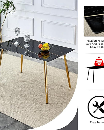 NicBex Modern Minimalist Rectangular Black Imitation Marble Dining Table 0.3 Inches Thick Gold Color Metal Legs Suitable for Kitchen, Dining Room, and Living Room, Black - LeafyLoom