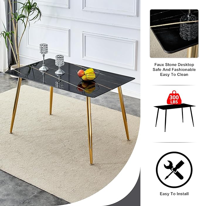 NicBex Modern Minimalist Rectangular Black Imitation Marble Dining Table 0.3 Inches Thick Gold Color Metal Legs Suitable for Kitchen, Dining Room, and Living Room, Black - LeafyLoom