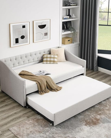 Size Upholstered Daybed with Twin Trundle, Solid Wooden Bed Frame w/Button Tufted Backrest and Copper Nail on Waved Shape Arms, No Spring Box Need, for Living Room, Bedroom, Dorm, Beige - LeafyLoom