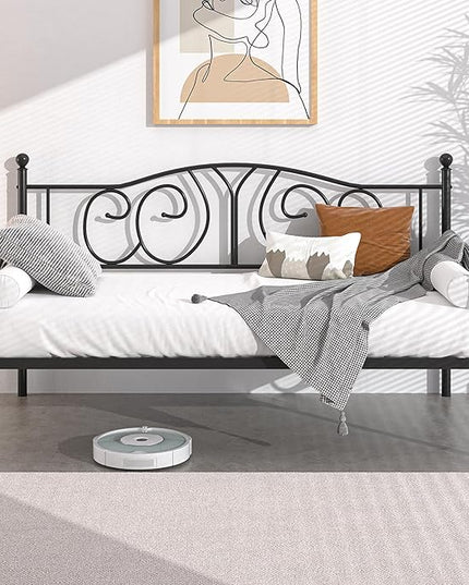 VECELO Twin Daybed Frame, Metal Day Bed with Classic Headboard, Multifunctional Platform Beds for Bedroom, Living Room, Guest Room, No Boxing Spring Needed, Black - LeafyLoom