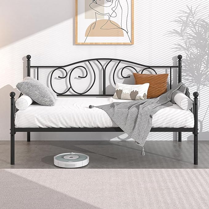 VECELO Twin Daybed Frame, Metal Day Bed with Classic Headboard, Multifunctional Platform Beds for Bedroom, Living Room, Guest Room, No Boxing Spring Needed, Black - LeafyLoom