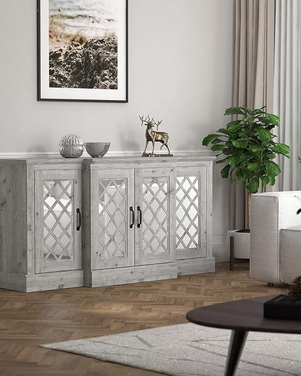 Galano Millicent Wide Sideboard Buffet Cabinet, Kitchen Storage Cabinet with Acrylic Mirror Doors, Cupboard Console Table, Rustic Farmhouse Buffet Display for Coffee Bar, Mexican Grey - LeafyLoom