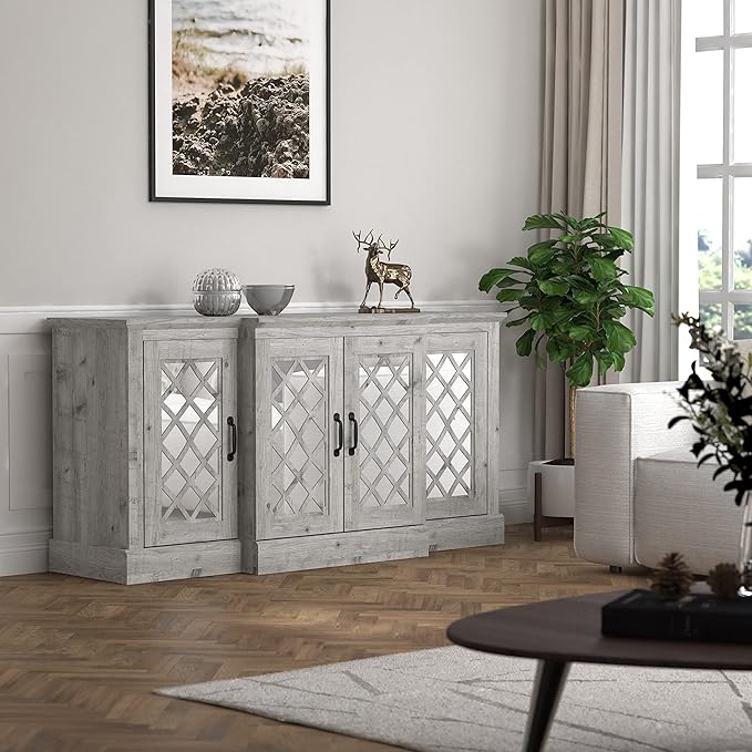 Galano Millicent Wide Sideboard Buffet Cabinet, Kitchen Storage Cabinet with Acrylic Mirror Doors, Cupboard Console Table, Rustic Farmhouse Buffet Display for Coffee Bar, Mexican Grey - LeafyLoom
