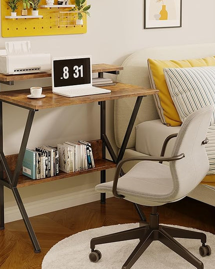 COTUBLR Small Desk, 27.5 Inch Small Computer Desk for Small Spaces, Computer Desk with Adjustable Monitor Stand, Compact Desk with Storage, Tiny Desk Study Desk for Bedroom Home Office, Rustic Brown - LeafyLoom