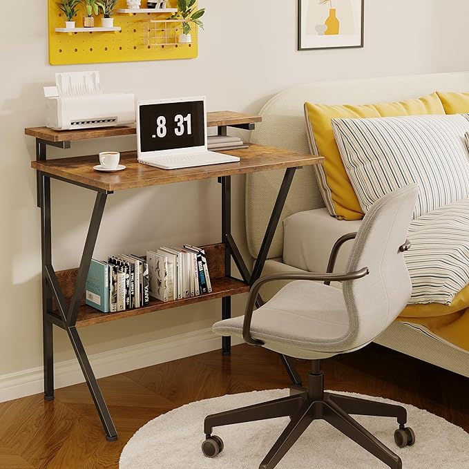 COTUBLR Small Desk, 27.5 Inch Small Computer Desk for Small Spaces, Computer Desk with Adjustable Monitor Stand, Compact Desk with Storage, Tiny Desk Study Desk for Bedroom Home Office, Rustic Brown - LeafyLoom